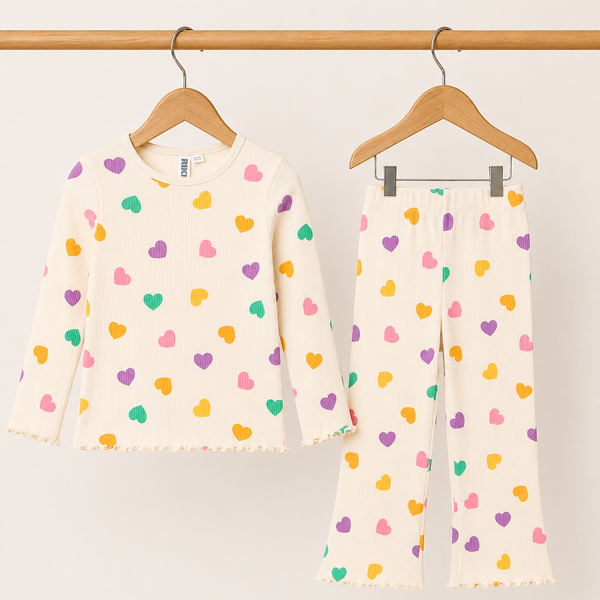 Girls Cream Heart Print Ribbed Co-Ord Set (Top + Trousers)
