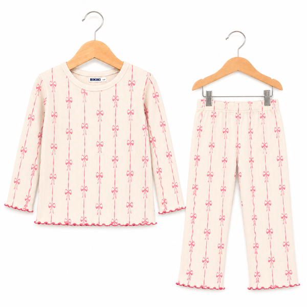 Girls Ribbed Bow Print Co-Ord Set – Cream &amp; Pink