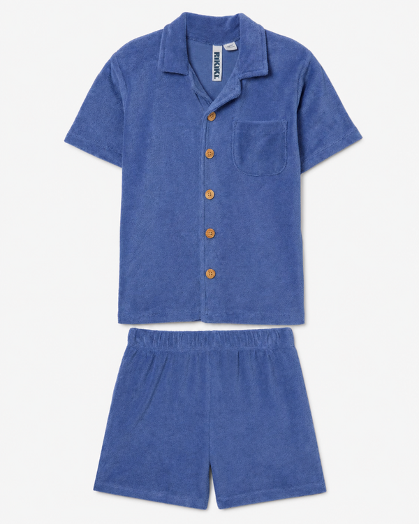Blue terry shorts with buttoned shirt