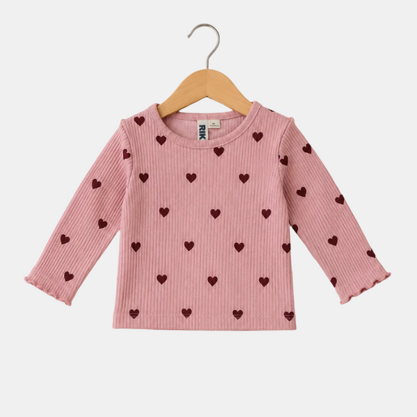 Pink heart ribbed full sleeves shirt with playful edges